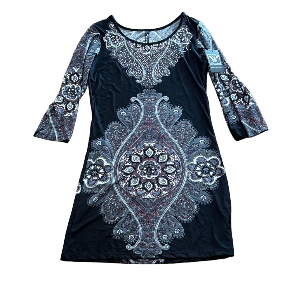NWT White Mark Couture Collection Dress Black Gray Bell Sleeves Sequins L